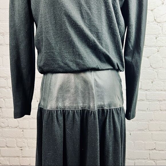 Vintage 80s Samuel Blue Jersey Wool Dress Leather Trimmed Waist Made in USA - Picture 6 of 12